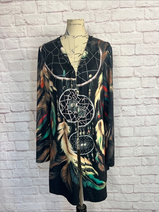 None Tops - Women’s Black Dreamcatcher Print Long Sleeve Open Cardigan